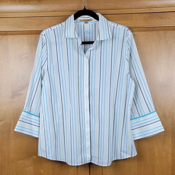 Alex Marie Teal Black Yellow Stripe Wrinkle Free Stretch 3/4 Sleeve Shirt - 16 - Picture 3 of 7